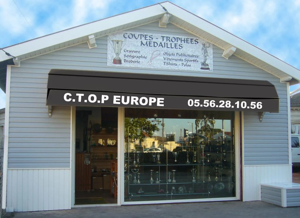 Façade du magasin CTOP Europe à Eysines — enseigne Coupes, Trophées, Médailles